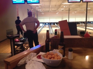 Bowling and tots at Bayside Bowl. Jamie killed me. She used to be in a league -- someday I'll challenge her to a football game just to even the score.